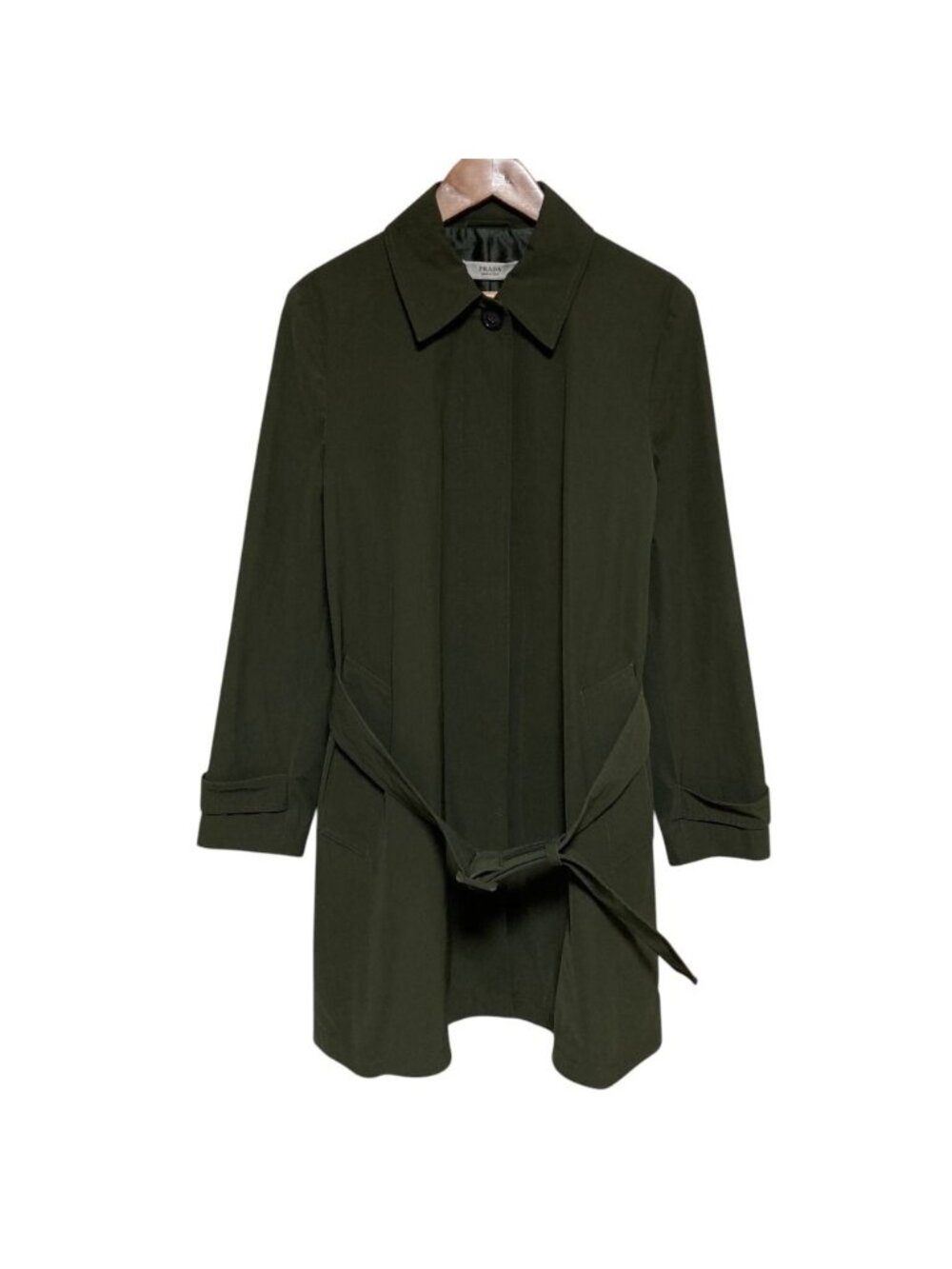 Prada Nylon Belted Satin Coat 36 Khaki Green
